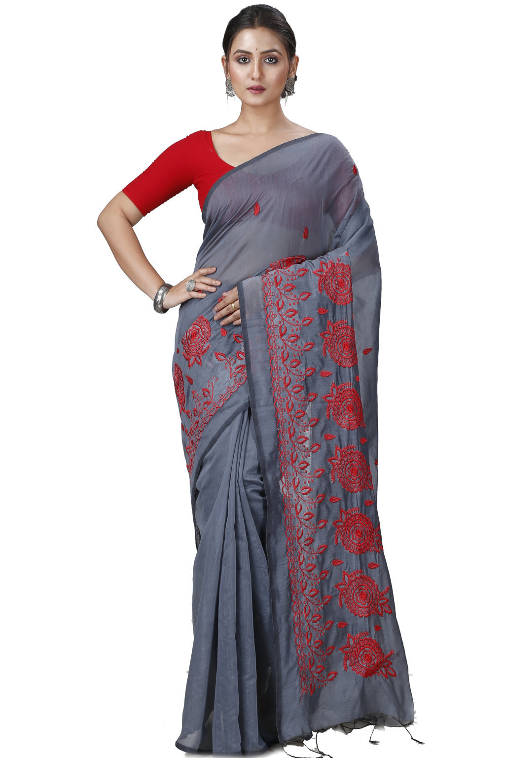 Grey Blended Cotton Tabu Hand Loom Saree (1241)